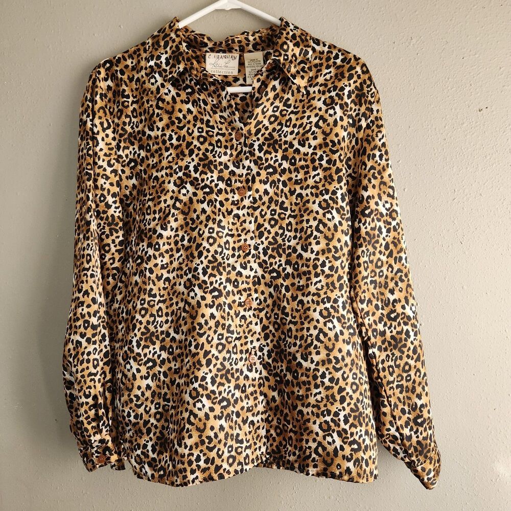 Vintage 90s Leopard Print Blouse Button Front Silky Animal Print Shirt Womens M
